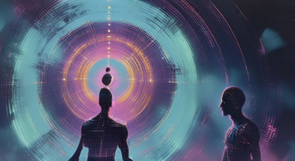 A human silhouette looks at a vast data portal in these trippy LSD visuals for shrooms.